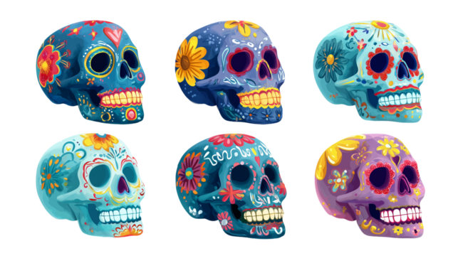 set of day of the dead decorated skulls, cartoon style, isolated on transparent background. Design element for greeting card, poster, website. Colorful skulls, mexican tradition. - Powered by Adobe