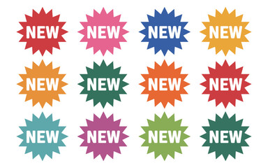 Collection of 12 colorful starburst 'new' labels vector graphics for declarative use silhouette vector illustration white background
