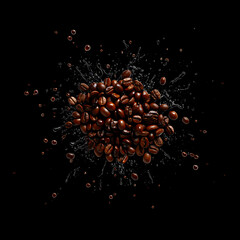 Coffee Beans Exploding with Dark Liquid Splash on Black Background roasted brown isolated on a transparent background