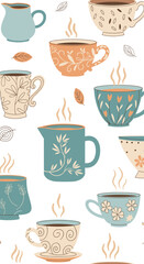 Obraz premium A charming collection of steaming ceramic mugs and pitchers with decorative patterns.