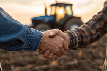 Close-up of two farmers shaking hands in a plowed field with a tractor in the background, concept for agricultural business partnership, harvest season agreement and rural community collaboration