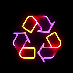 Neon Recycling Symbol Glowing on Black Background light isolated on a transparent background