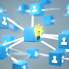 Network of Cubes with Lightbulb Idea Concept connection blue isolated on a transparent background