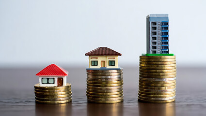 Real Estate Investment Growth Stacked Coins and Miniature Buildings money isolated on a transparent background