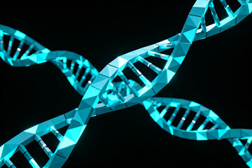 Stylized blue DNA double helix structure with geometric facets against a dark background