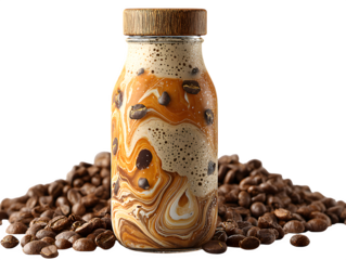3D salted caramel cold brew latte bottle with ripple foam art on label and coffee bean accent, isolated on transparent background with no shadow