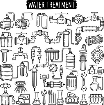 Hand-drawn Water Treatment Doodle Set: Industrial Filtration Equipment, Pumps, Valves, Pipes, Gauges, and Laboratory Tools on White Background