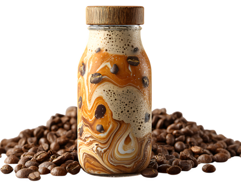 3D salted caramel cold brew latte bottle with ripple foam art on label and coffee bean accent, isolated on transparent background with no shadow