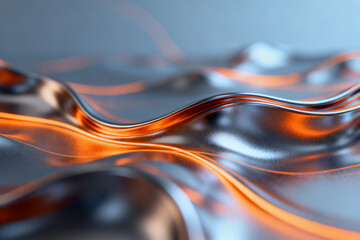 Abstract flowing liquid with reflective orange and metallic surfaces