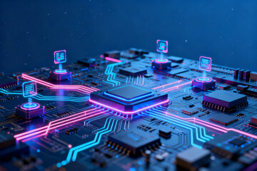 Digital circuit board with glowing neon pathways and integrated chips