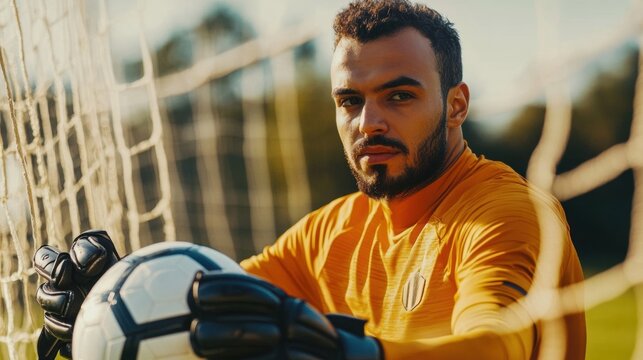AI image. Confident Goalkeeper with Ball Portrait Behind the Net Intense Gaze Focus