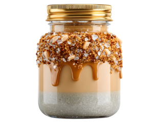 3D sea salt caramel protein drink in satin-finish bottle with crystal sugar rim and minimalist gold label, isolated on transparent background with no shadow