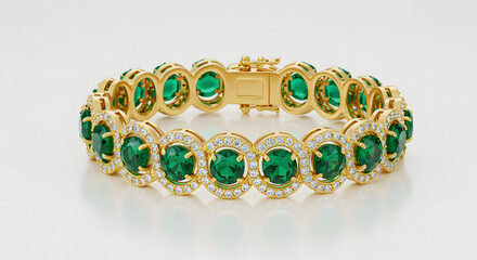 Emerald and Diamond Halo Gold Tennis Bracelet