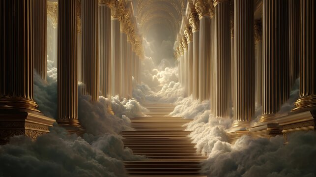 Stairway to heaven with golden pillars shrouded in ethereal clouds, concept for spiritual growth, architectural grandeur and fantasy themes - Powered by Adobe