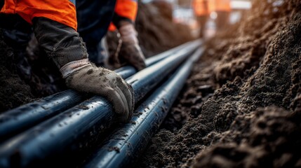 Worker's gloved hands installing black underground pipes in a trench with soil, concept for infrastructure development, energy distribution and industrial construction