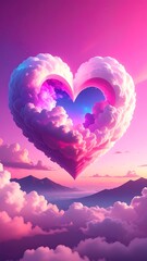 Heart-shaped cloud formation, vibrant pink and purple, floating above mountains