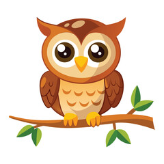 Cute Cartoon owl sitting on tree branch Vector illustration