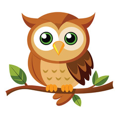 cute owl sitting on tree branch cartoon illustration