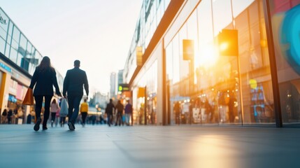 People walking hand in hand along modern shopping street during sunset with reflections in store windows and vibrant city atmosphere