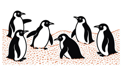 Obraz premium A group of six penguins standing on a textured surface with a white background illustration style