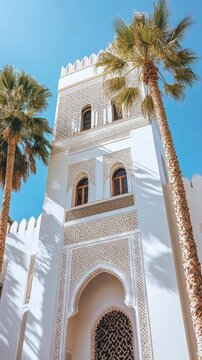 AI image Majestic white architecture rises against a brilliant blue sky framed by graceful palm
