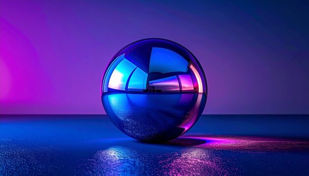 Mesmerizing polished metallic sphere reflecting dynamic neon lights in an abstract, futuristic setting. A vibrant geometric object creating a modern visual art