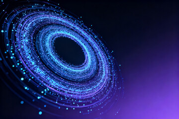Abstract digital spiral with glowing blue particles forming concentric rings against a dark purple background