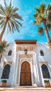 AI image. Moroccan architecture featuring palm trees against a blue sky creating an exotic vista