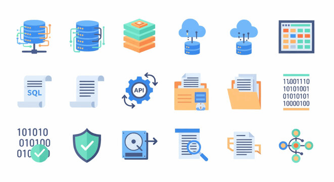 A comprehensive collection of flat design icons illustrating concepts of database management, cloud computing, data security, and API integration