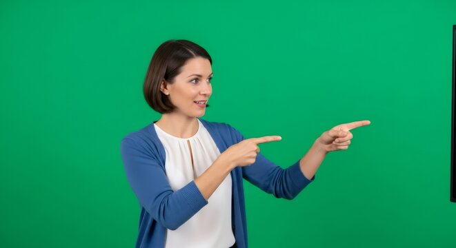 Woman speaker pointing fingers. Manager in virtual presentation on green screen. Female teacher demonstrating information in conference.