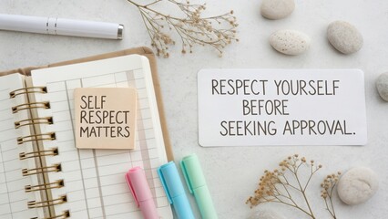 Planner with motivational quotes and pastel markers on a white workspace