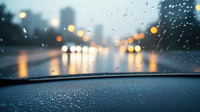 Rainy city evening view through car windshield with blurred street lights and raindrops on glass