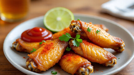 Baked chicken wings garnished with fresh herbs, served with a tomato dip and lime wedges on the side