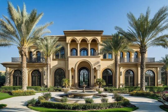 AI image: Luxurious villa with palm trees, fountain, and striking architectural design under