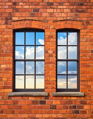 Brick wall with windows reflecting sky