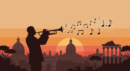 A captivating flat design illustration featuring the silhouette of a jazz trumpet player, serenading the Roman skyline at sunset with musical notes. © tika