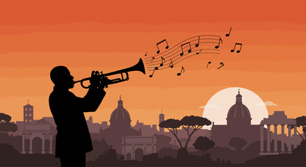 A captivating flat design illustration featuring the silhouette of a jazz trumpet player, serenading the Roman skyline at sunset with musical notes. © tika
