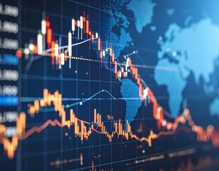 Financial data display with world map overlay