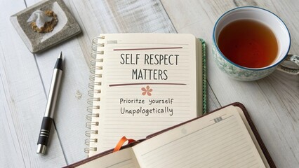Diary showing self respect message next to tea cup