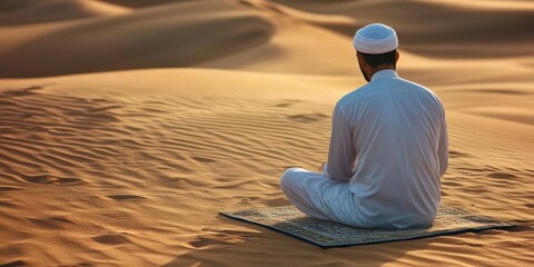 AI image: Serene Muslim Man Meditating on Rug in Sandy Desert Landscape Spirituality Concept