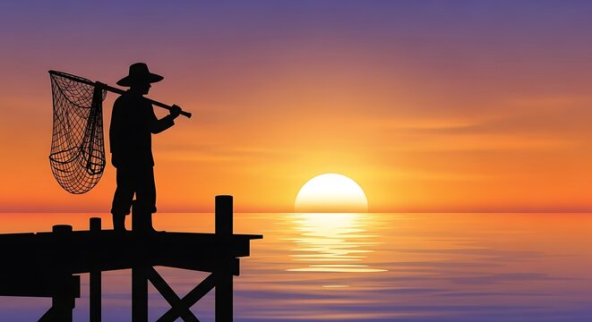 Fisherman Silhouette on Pier at Sunset.