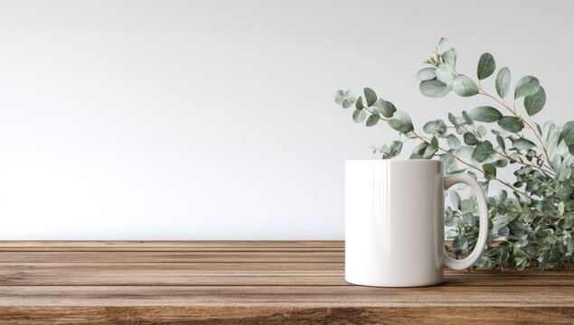 A minimalist mockup of a blank white mug on a wooden surface, surrounded by soft eucalyptus foliage against a clean white wall.