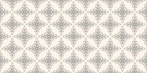 Luxury linear floral ornament. Subtle minimal seamless pattern with abstract outline flower silhouettes, foliage. Black and white geometric vector background in damask, oriental style. Repeat design