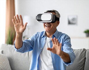 Happy senior man wearing virtual reality headset glasses, exploring immersive digital world from the comfort of his home