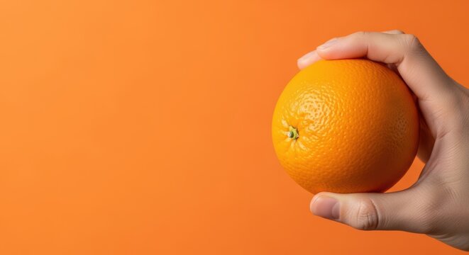 &ldquo;Juicy orange in the right hand on an orange background, flat lay. Banner with copy space. Minimalist fresh fruit art for a food blog, horizontal template or mockup