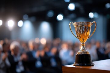 Golden trophy on wooden podium in front of blurred audience, symbolizing achievement and recognition at an award ceremony, capturing the essence of celebration and success