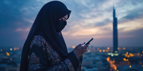 AI image. Modern Arab woman using smartphone with city skyline backdrop at dusk looking serene