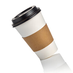 Stock photo of coffee cup mockup to go with black lid and brown sleeve for branding presentation design