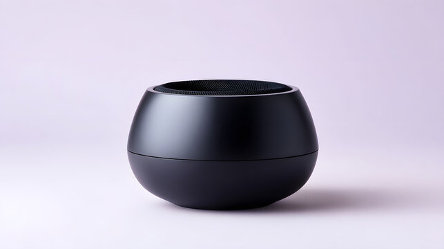 Sleek wireless speaker black bowl shape minimalist design modern audio device studio shot white seamless soft light matte finish portable clean aesthetic. Calm refined contemporary vibe