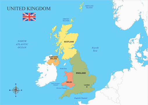 UK Map with Colored States Borders, Map of United Kingdom on Blue Background